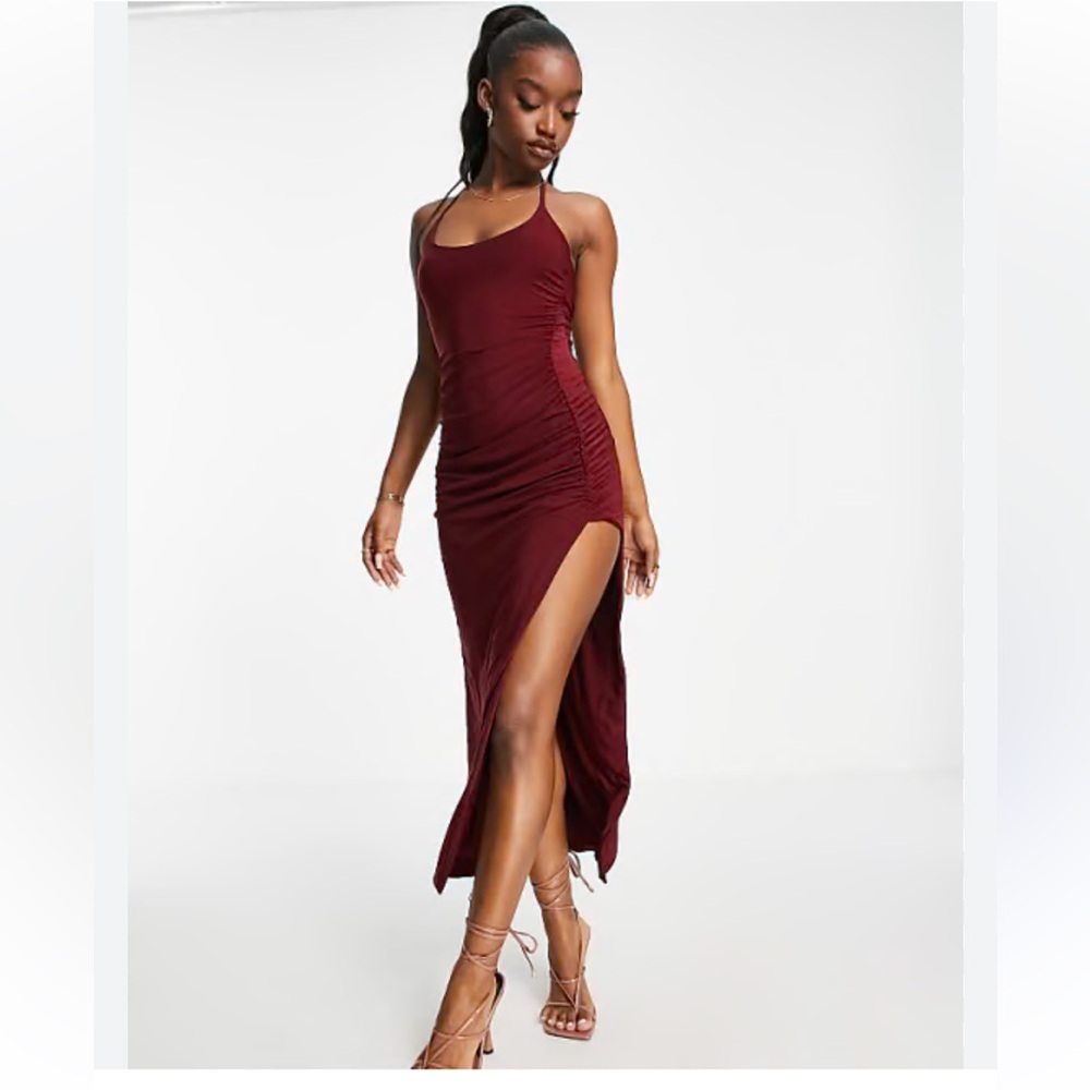 Missy Empire thigh high split detail‎ ruched maxi dress in berry 12